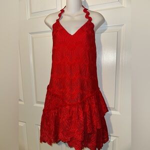 Red Three Floor swirl Halter Lace Dress XXS 2 new nwt